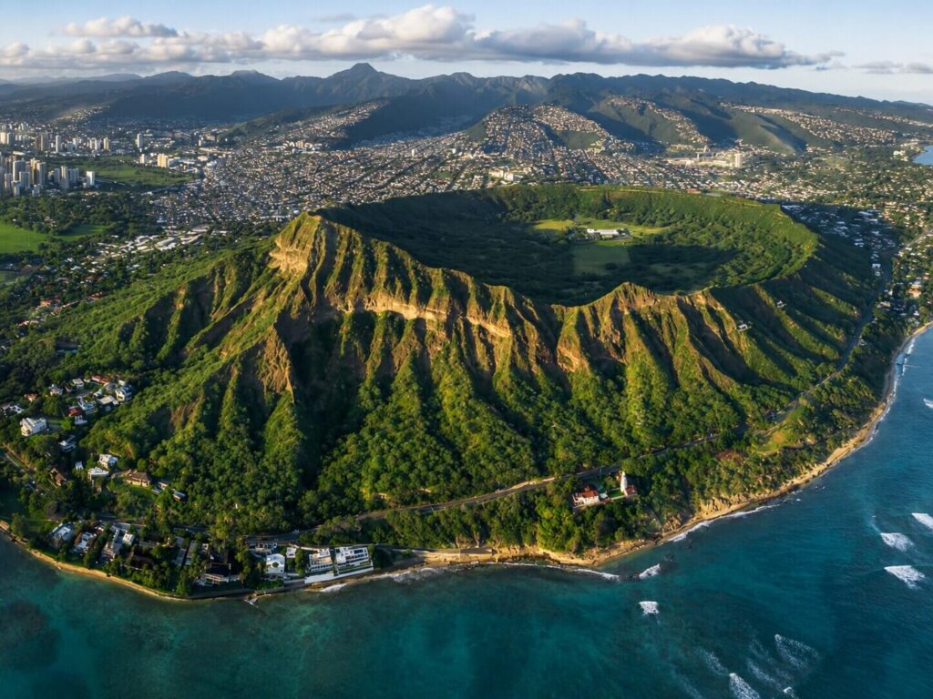 Diamond Head volcanic tuff crater and hiking trail overlooking Waikiki
