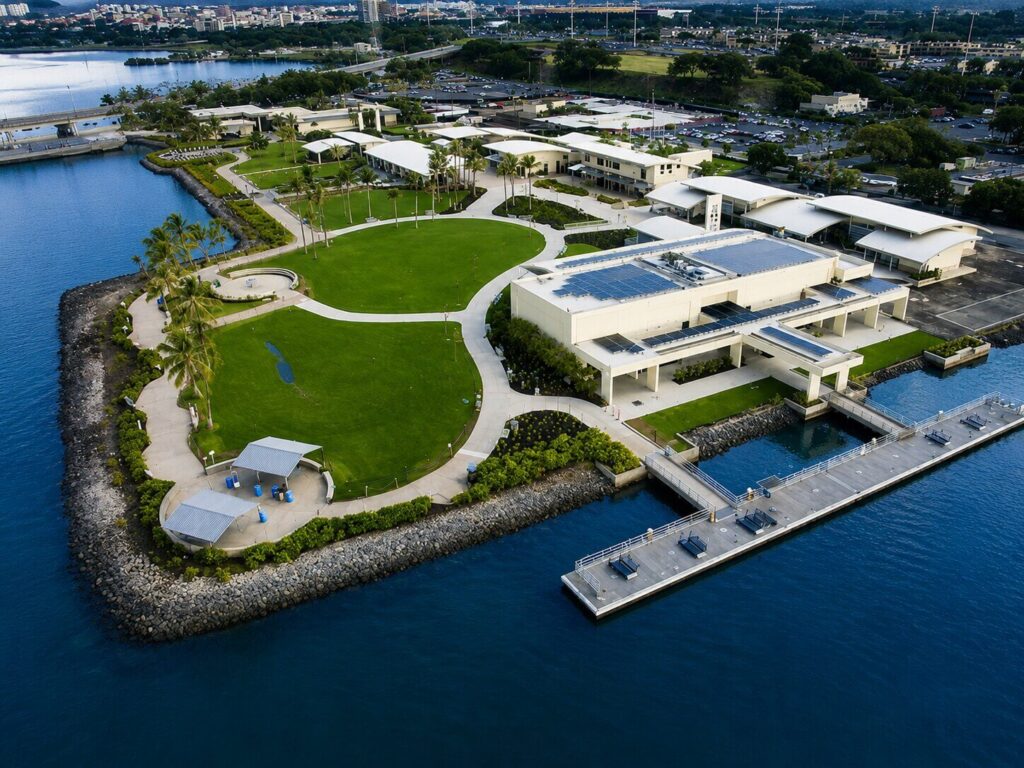 Aerial view of the Pearl Harbor National Memorial waterfront on Oahu