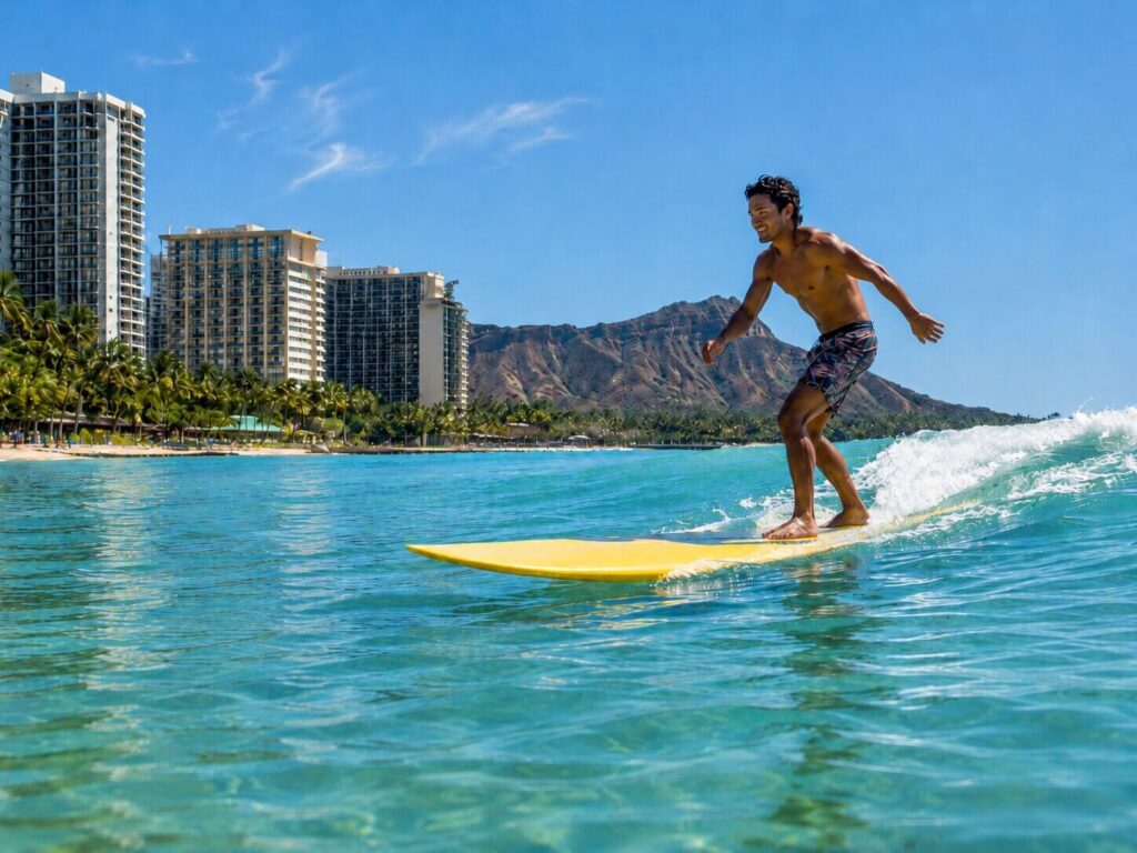 Beginner surfer catching a wave off Waikiki with Diamond Head behind