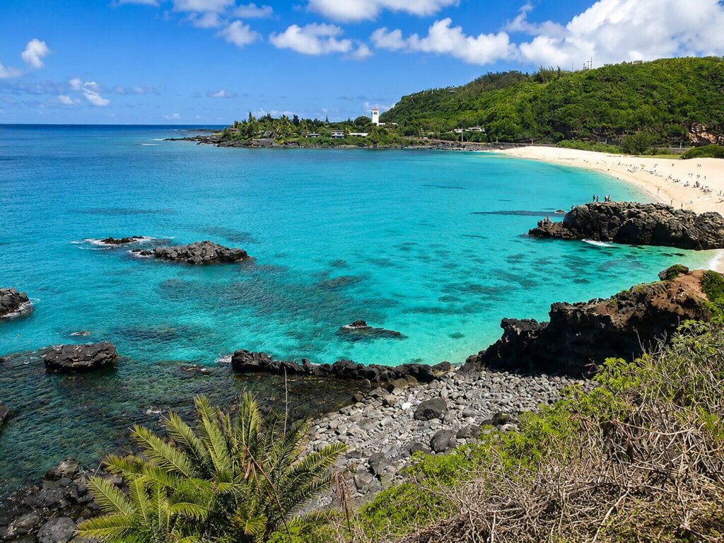 Waimea Bay's turquoise water and sandy beach on Oahu's North Shore