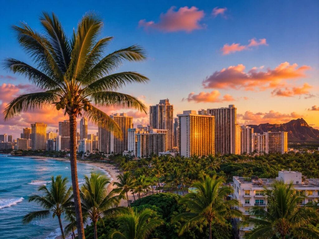 Waikiki Beach skyline at sunset with Diamond Head crater in the background, Oahu